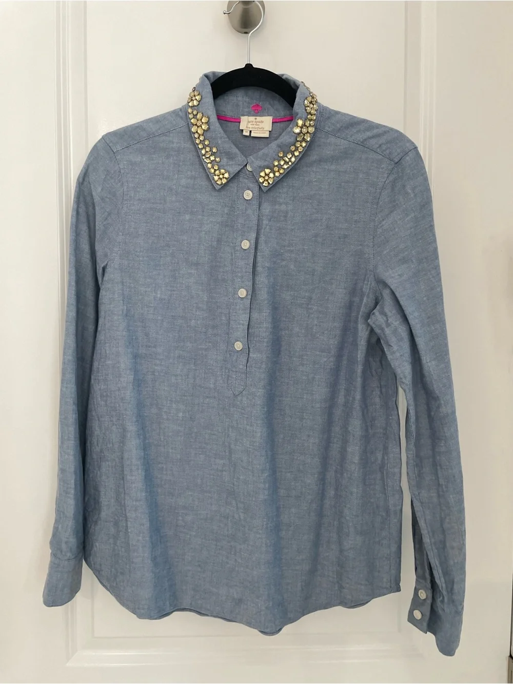 Kate Spade Xander Jewel Collar Chambray Shirt Popover Preppy Luxury. Sk13